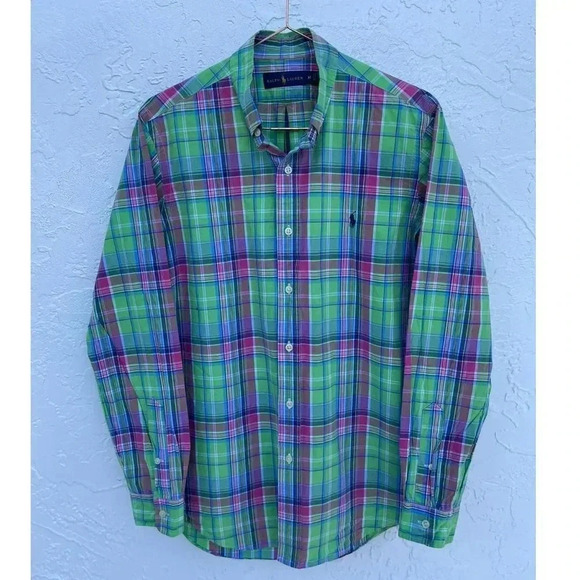 Ralph Lauren Mens Oxford Plaid Long Sleeve Polo Shirt Multicolor Sz Medium - Picture 1 of 7